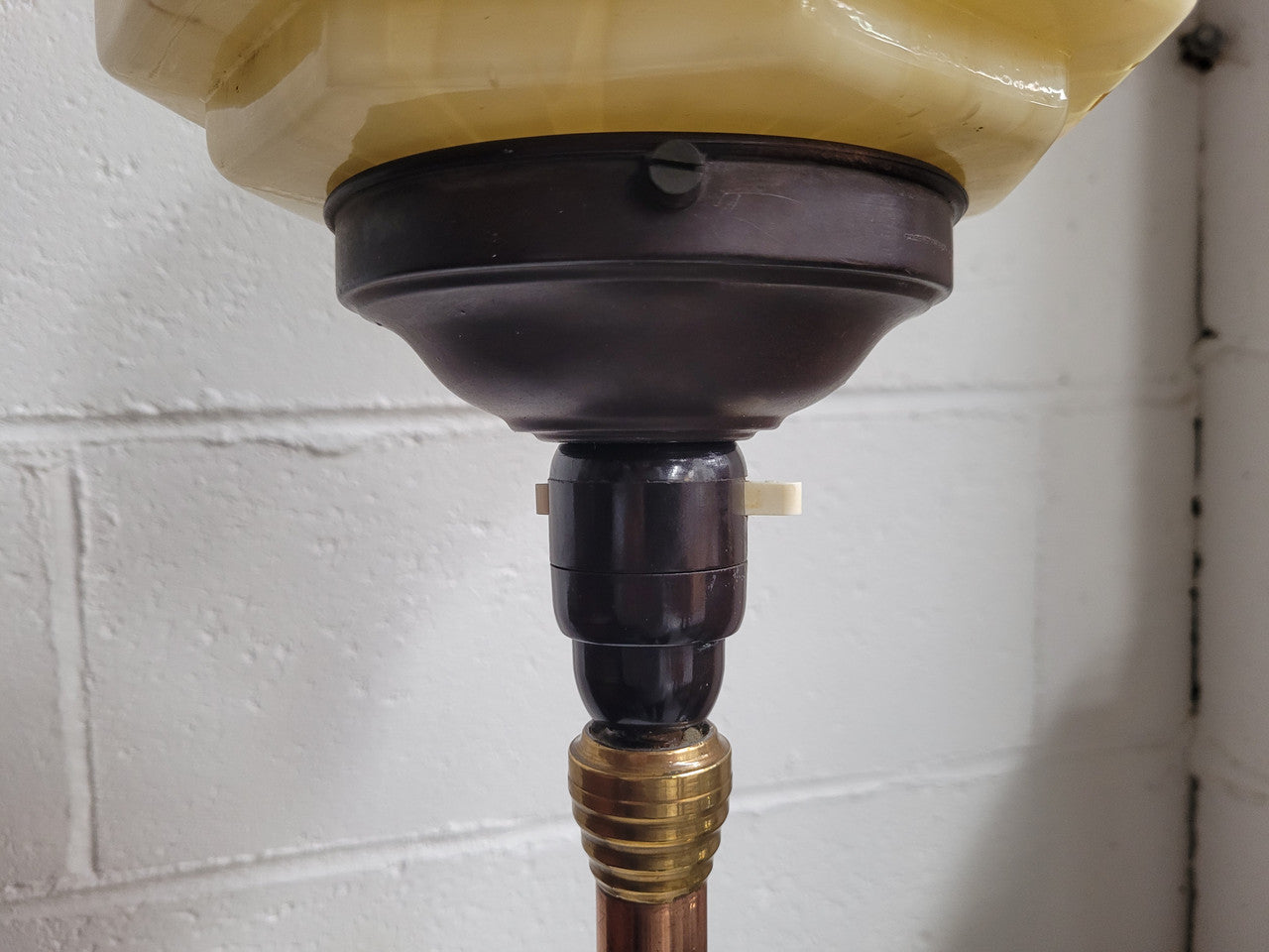 Stunning Art Deco Brass Copper Table Lamp With Beautiful Stepped Glass Shade