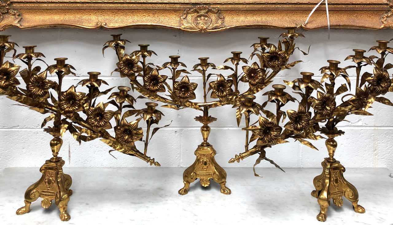 Fabulous & Highly Decorative Set Of Three French Brass Candelabras