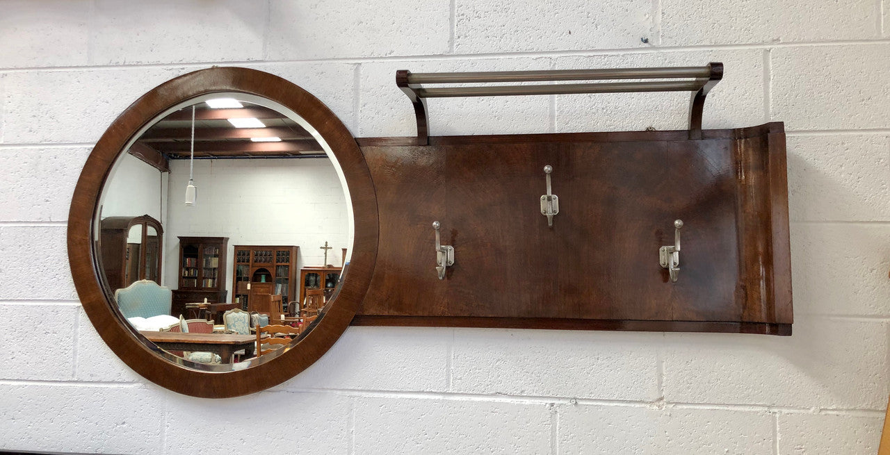 French Art Deco Walnut Coat & Hat Rack With Mirror
