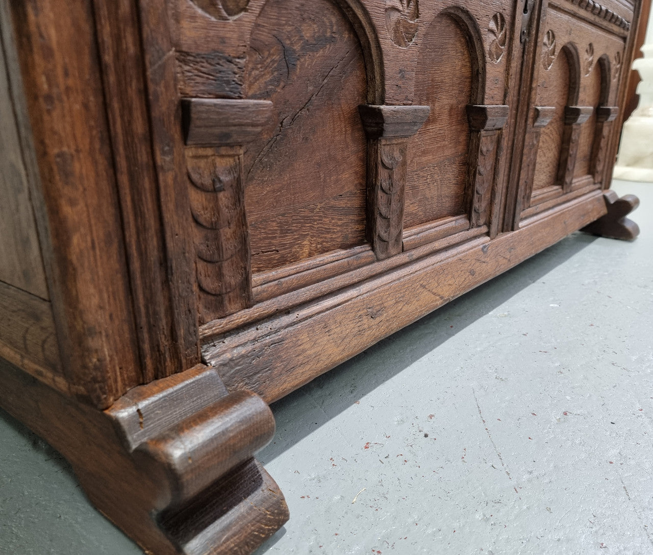 Fabulous carved French oak Antique Coffer / Chest with a lift up lid and loads of beautiful character in good original detailed condition.