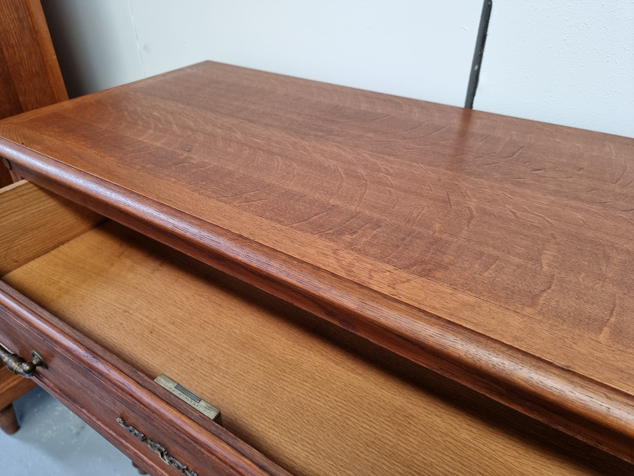 French Provincial Oak chest of three drawers. In good original detailed condition.