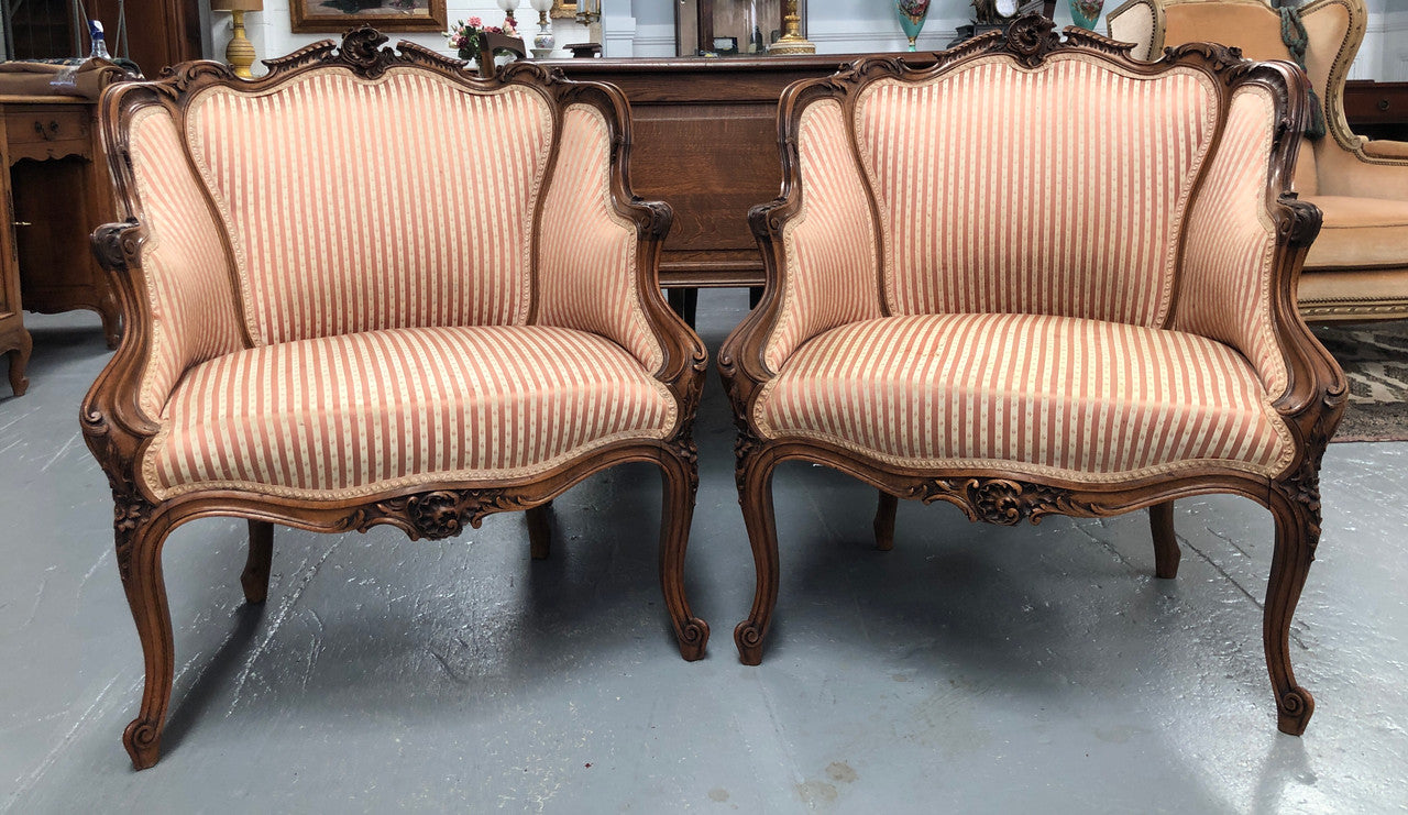 High Quality Antique Pair Of French Walnut Upholstered Arm Chairs
