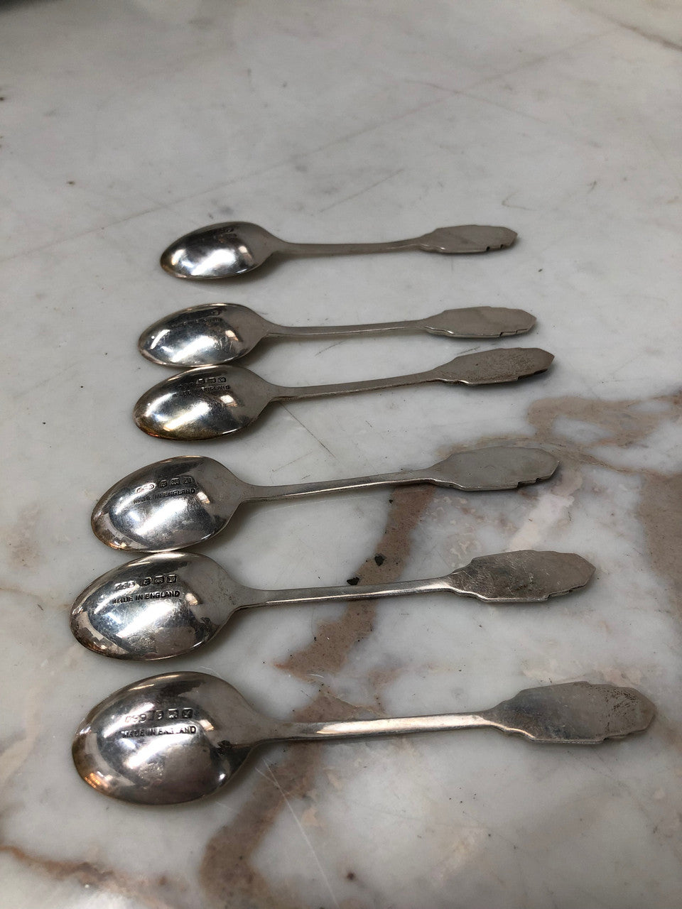Set Of Six English Art Deco Silver And Enamel Spoons Hallmarked