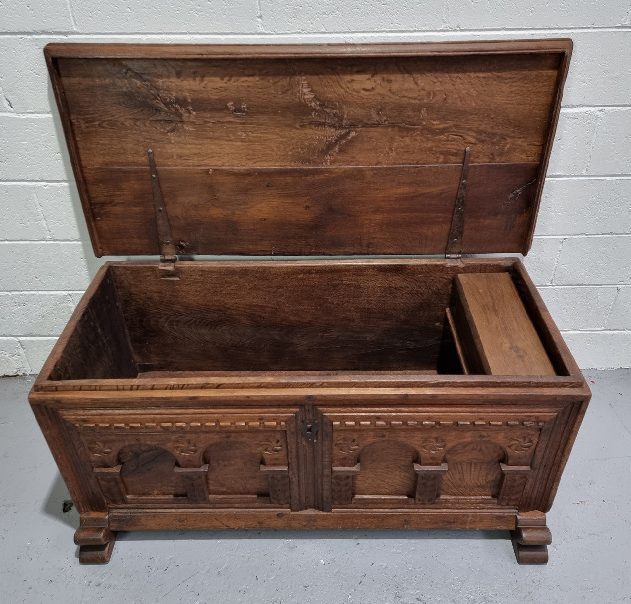 Fabulous carved French oak Antique Coffer / Chest with a lift up lid and loads of beautiful character in good original detailed condition.