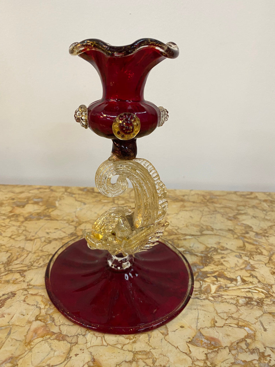Murano/Venetian ruby, clear & gilt glass aventurine vase with fish decoration.