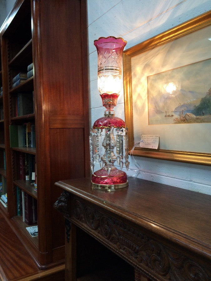 Pair Of Flashed Ruby And Crystal Glass Lustres