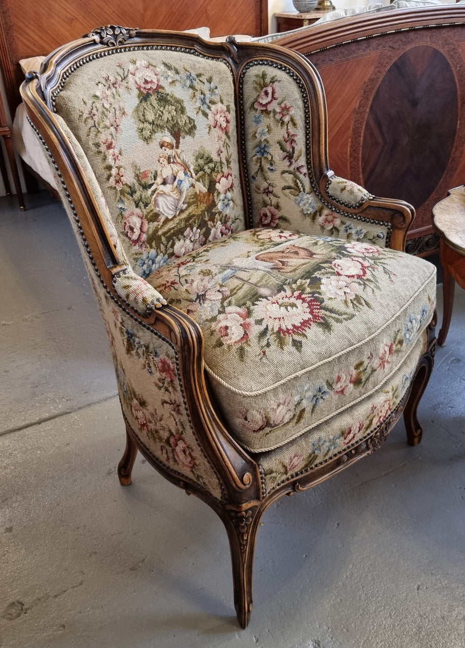 Pair of amazing French Walnut tapestry covered armchairs. The tapestry is in very good condition, please view photos as they form part of the description. Sourced from France and is in good original detailed condition.