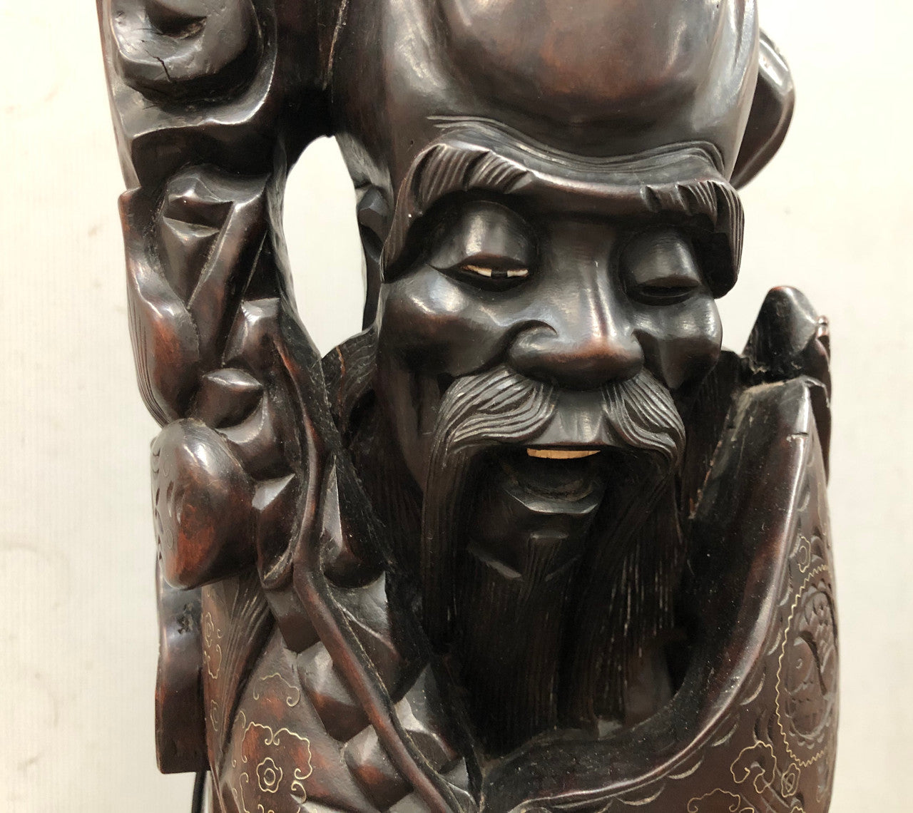 Antique Chinese hand carved Rosewood Immortal "Shou Xing" God of longevity lamp base. Profusely inlaid with brass cloisons. Meiji period Circa 1880.