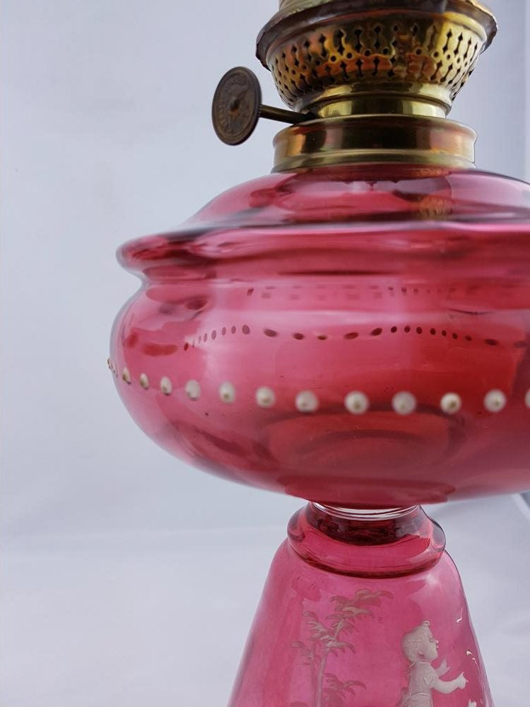 Rare Pair Of Ruby Mary Gregory Glass Kerosene Lamps