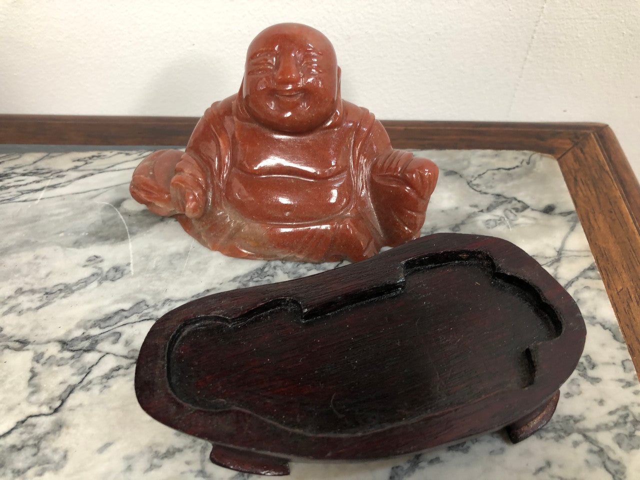 Vintage Carved Agate Buddha on bespoke wooden stand