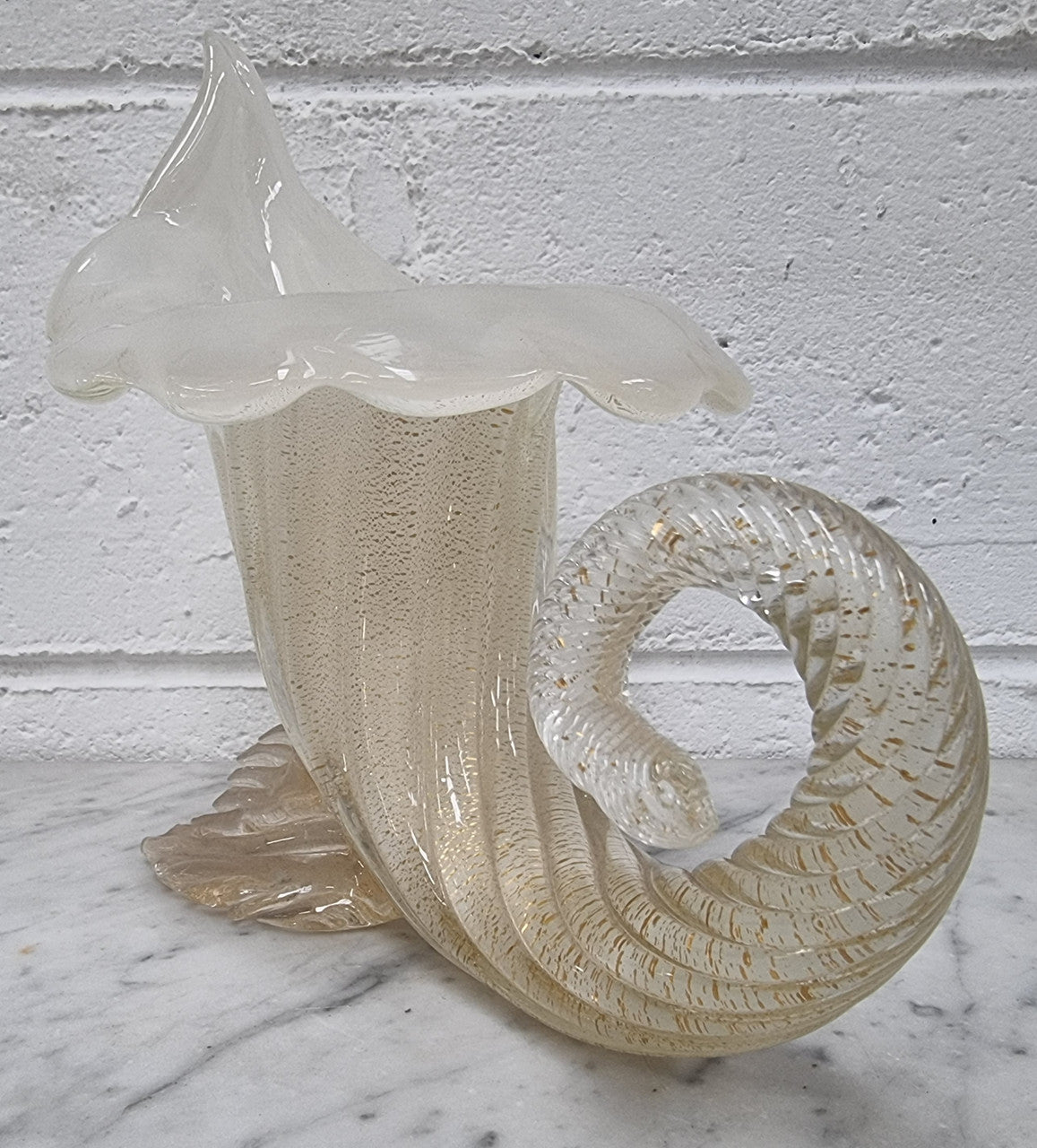 Large Vintage Murano white with adventuring glass cornucopia.