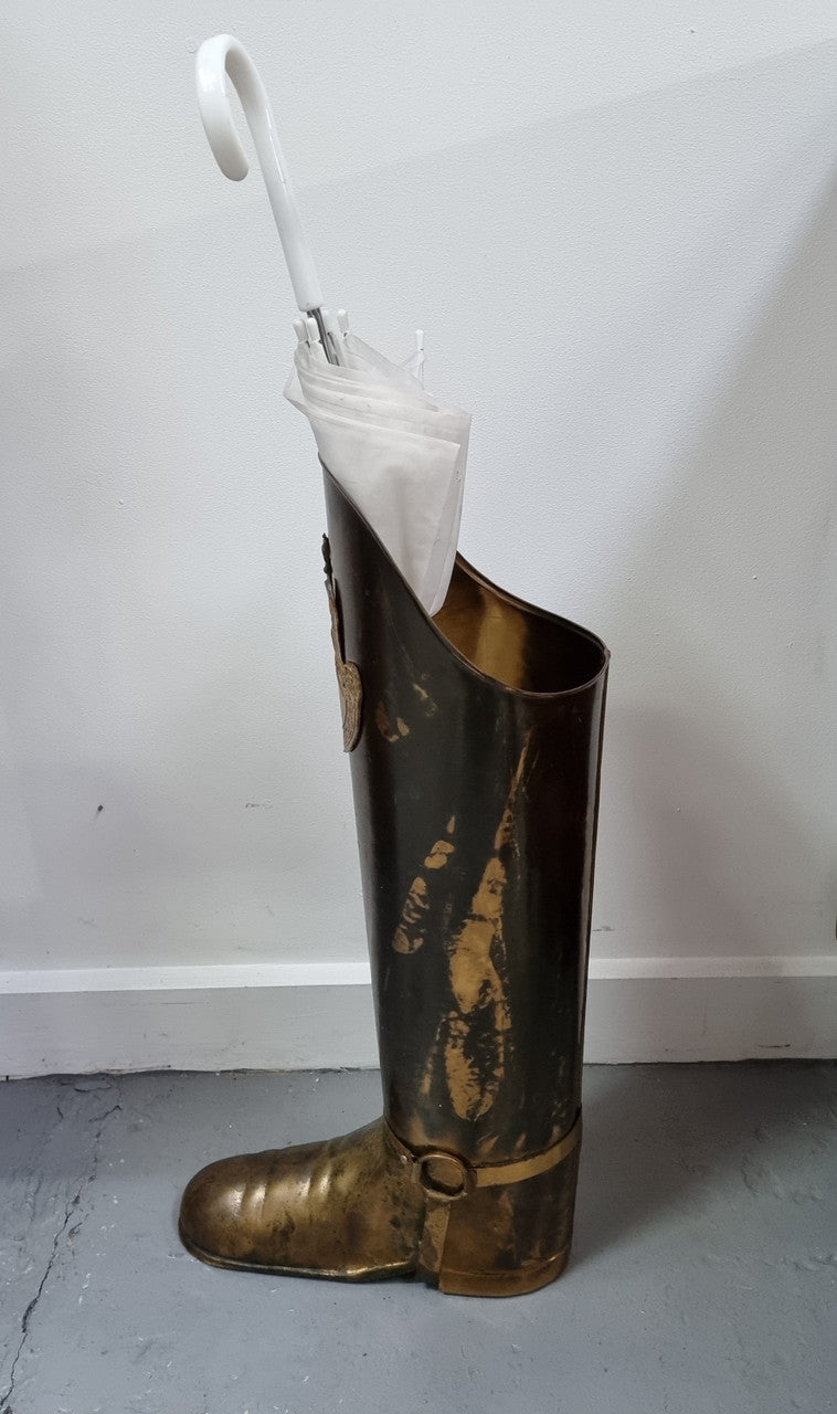 Fabulous French brass decorative boot for storing your umbrellas for walking sticks in good condition. makers stamp underneath .