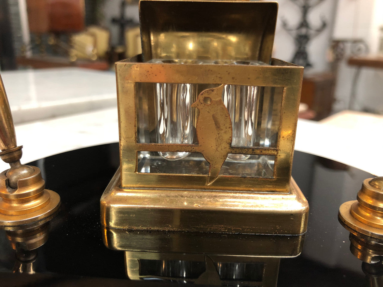 Round Art Deco Brass & Glass Ink Well