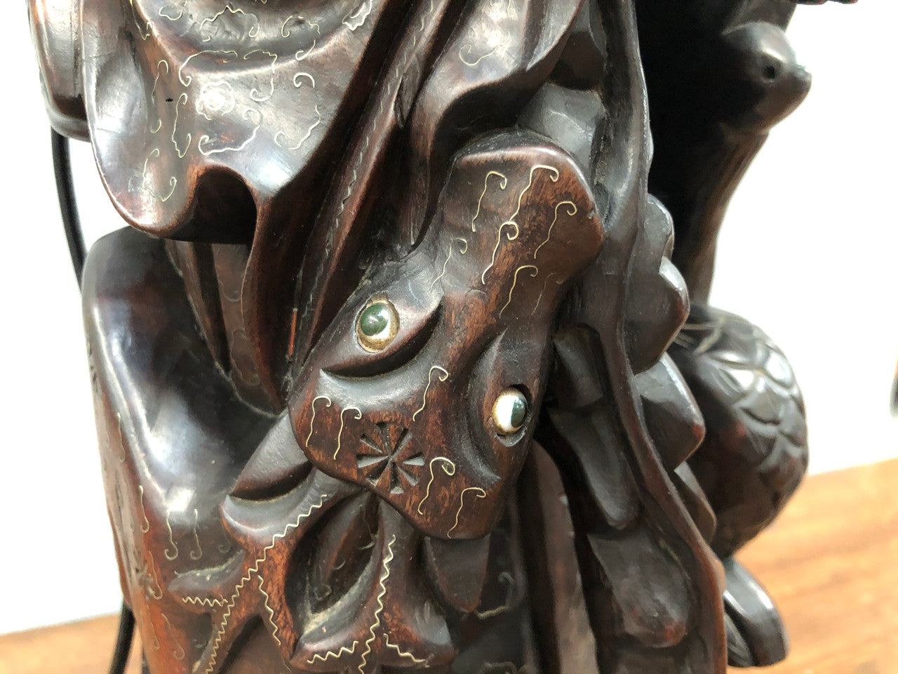 Antique Chinese hand carved Rosewood Immortal "Shou Xing" God of longevity lamp base. Profusely inlaid with brass cloisons. Meiji period Circa 1880.