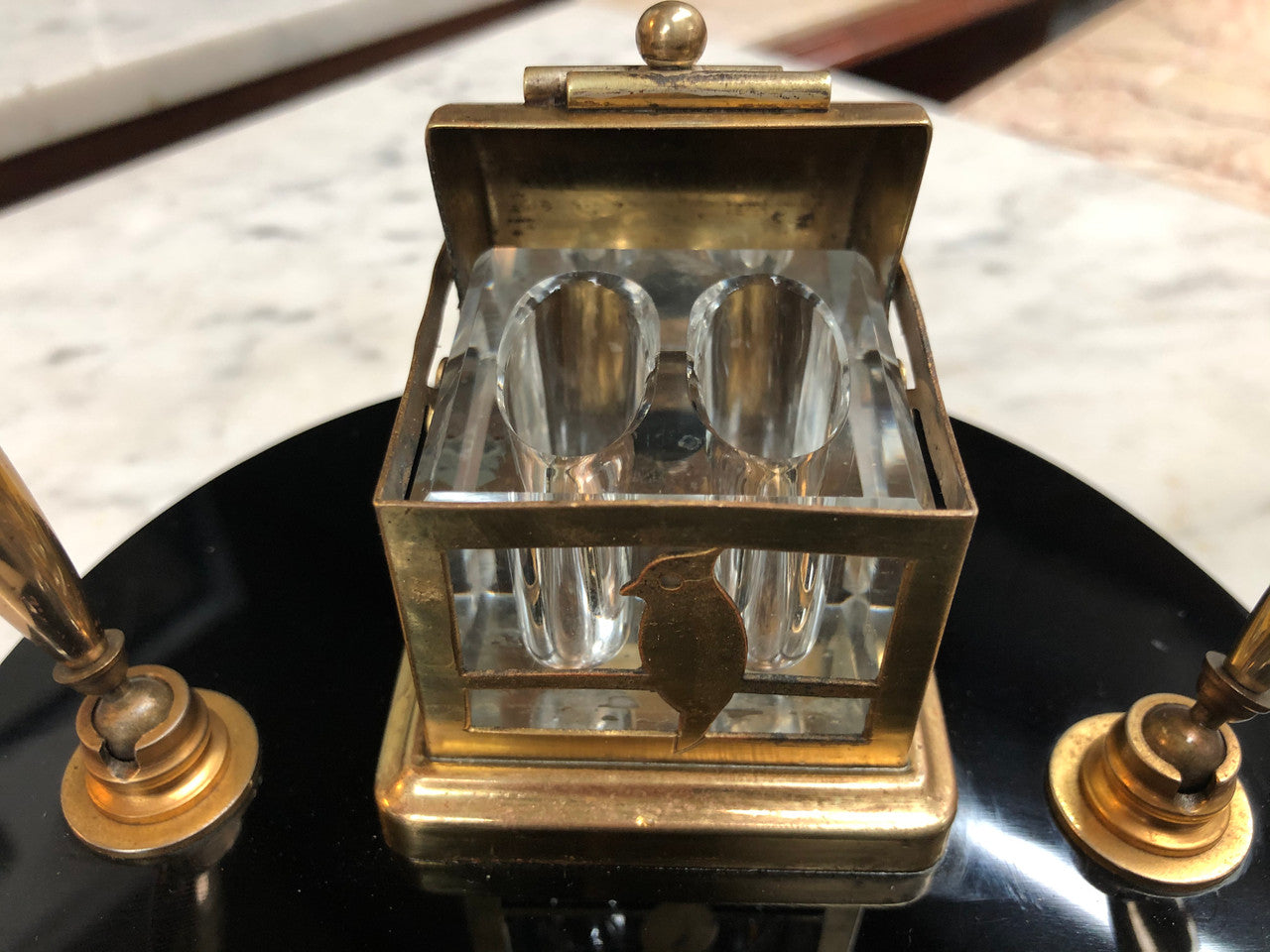 Round Art Deco Brass & Glass Ink Well