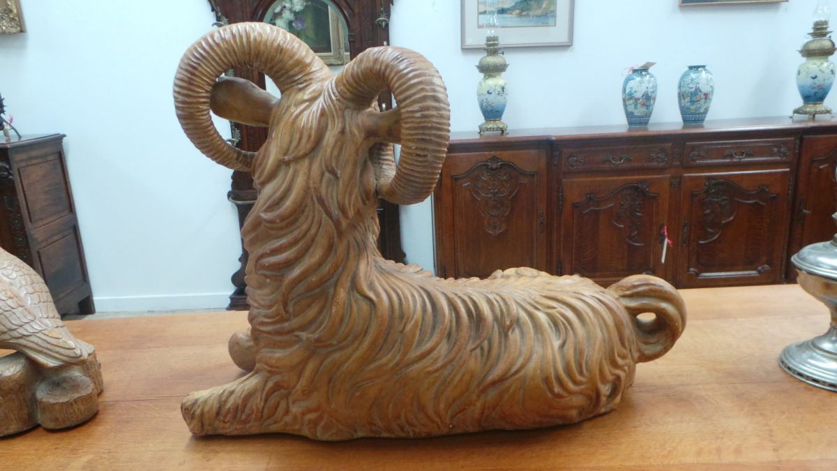 A Majolica Glazed Terracotta Ram Statue Of Large Proportions