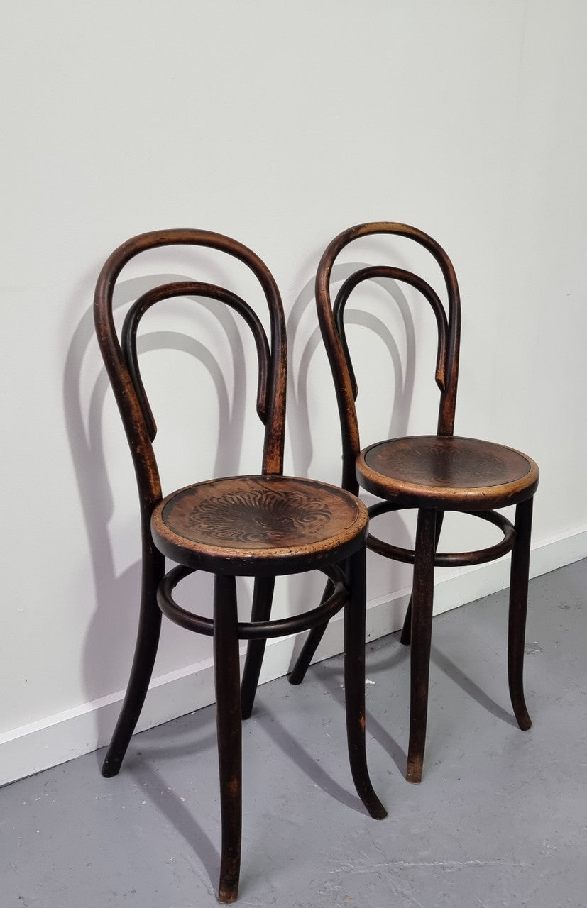 Rare petite cafe Bentwood chairs with original shell embossed seats. They are in very good original condition. They would make great addition to your breakfast bar.