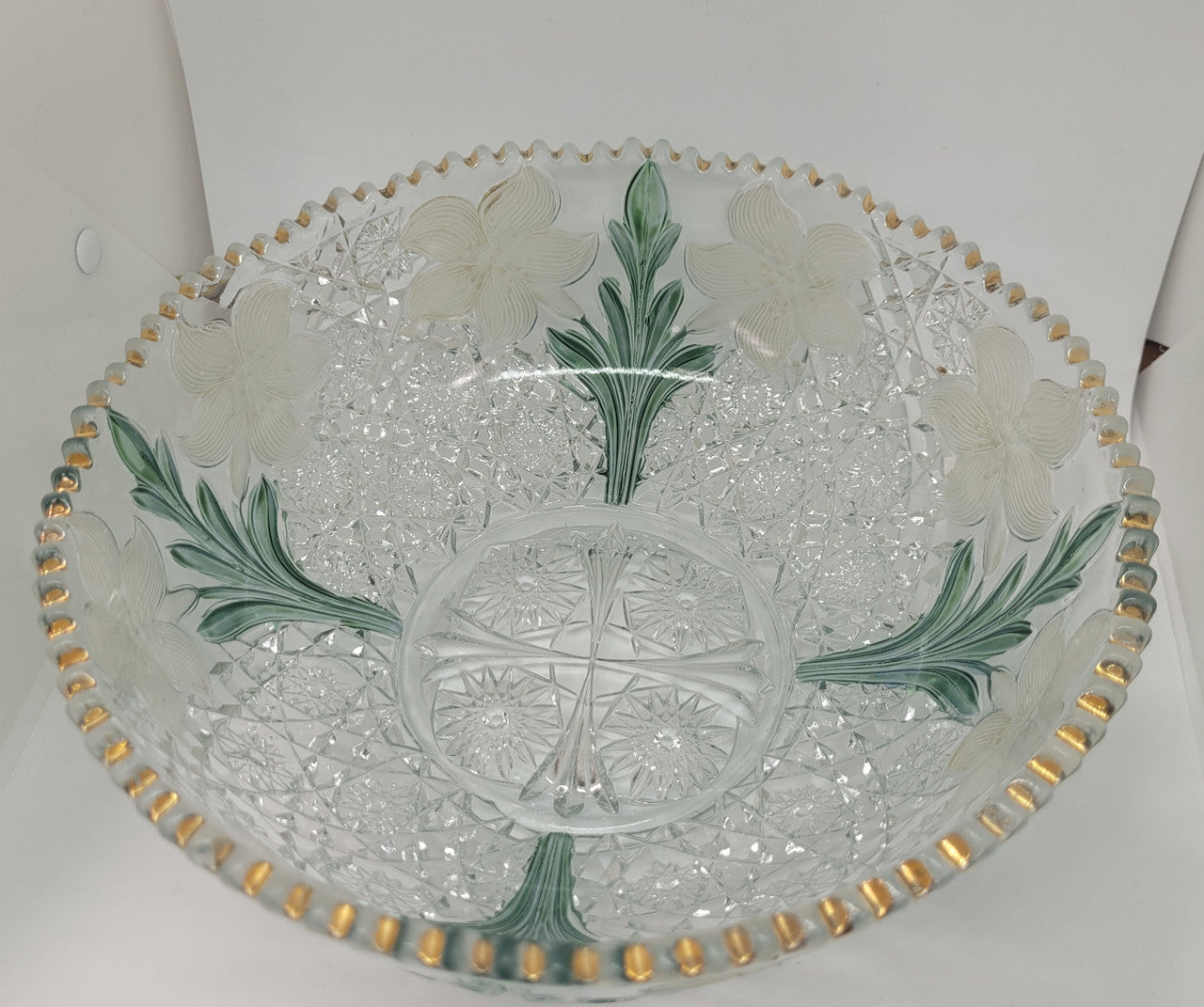 Beautiful unusual Edwardian glass bowl with hand painted features. It is in good original condition with some minor chips, please view photos has they help form part of the description.
