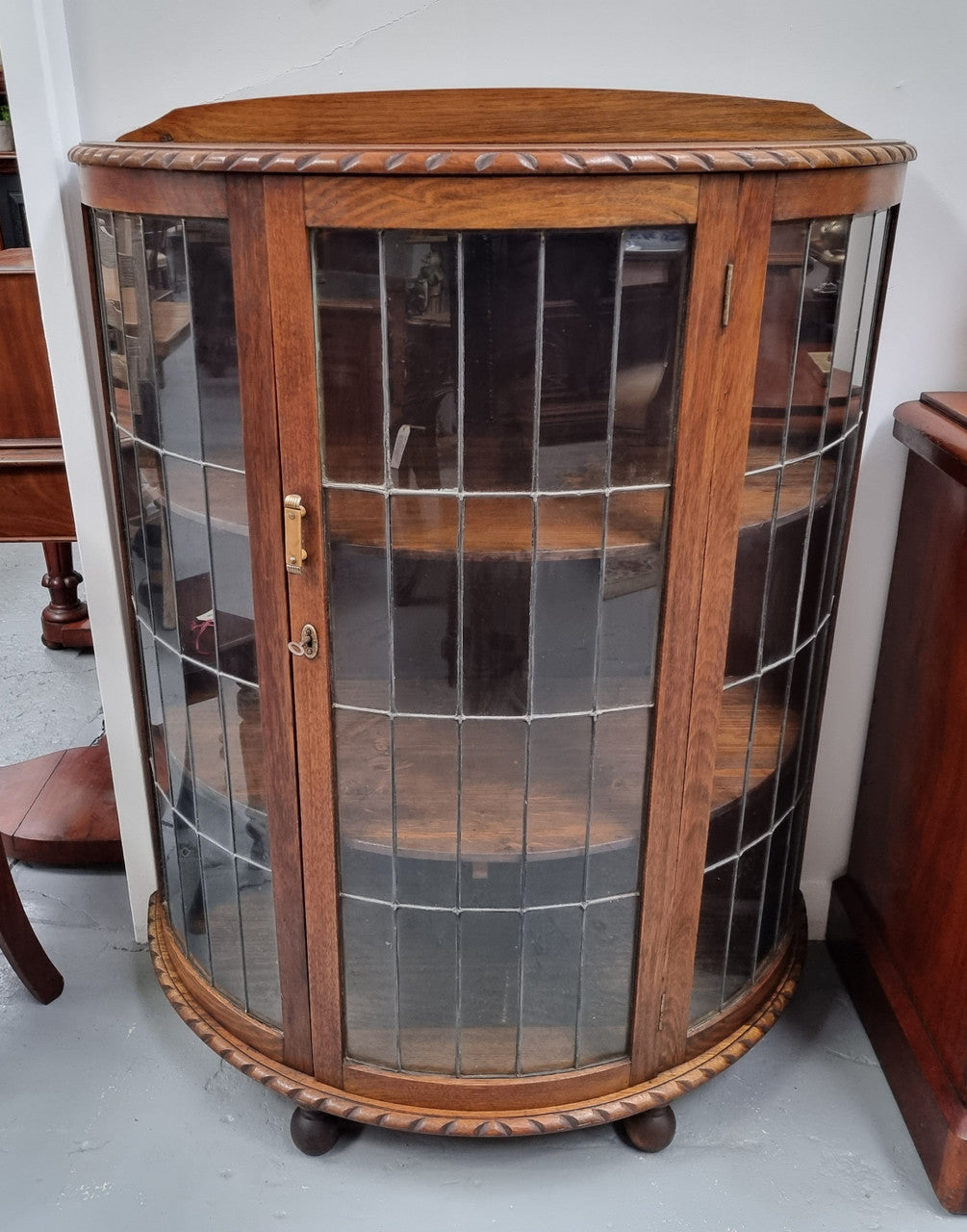 Vintage Australian Oak Half Round Leadlight Display Cabinet