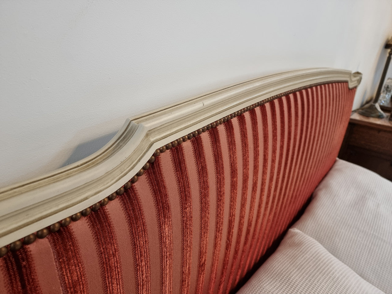 French Queen size upholstered Louis XV style painted bed. Comes with custom made slats, all you need to is place you mattress on top.