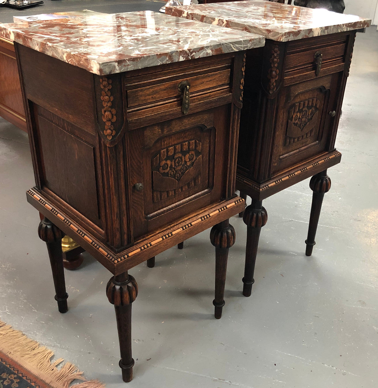 Pair Of French Oak Marble Top Henry II Style Bedside Tables