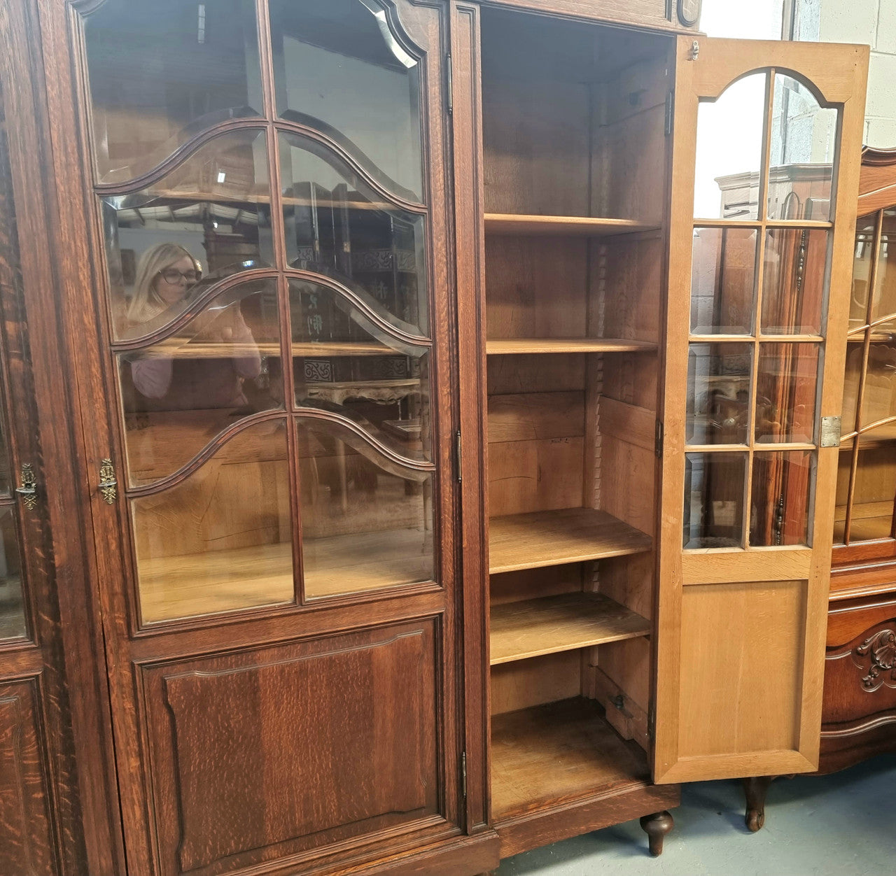 Late 19th Century French Oak three door bookcase. It has fully adjustable shelfs and is in good original detailed condition.
