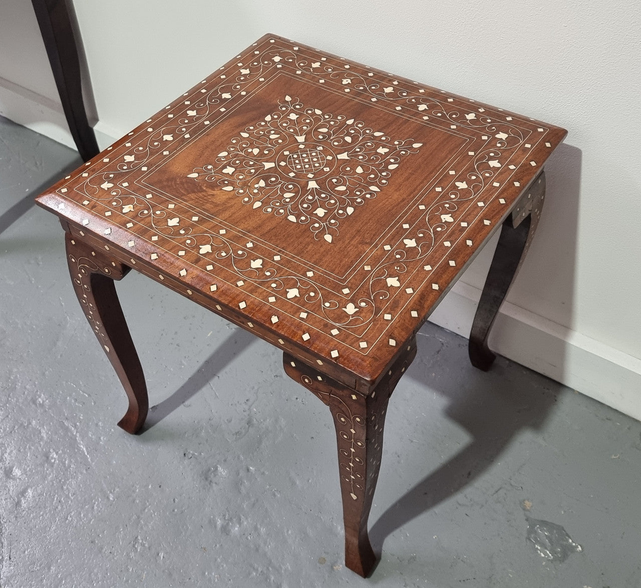 Stunning Indian Teak bone inlay square occasional table. In good original detailed condition.