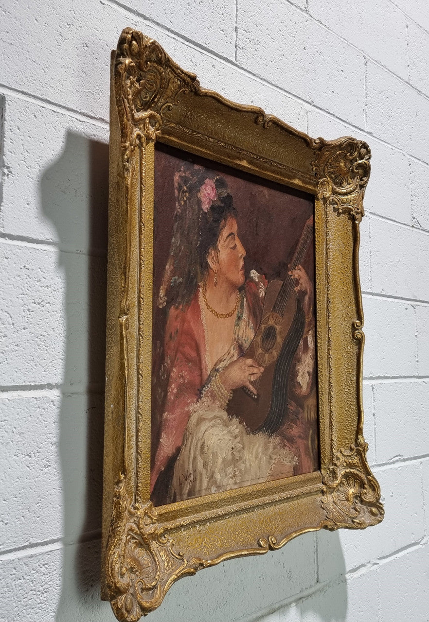 Stunning signed French oil on canvas of "The Serenade". In original gilt frame and is in good original condition.