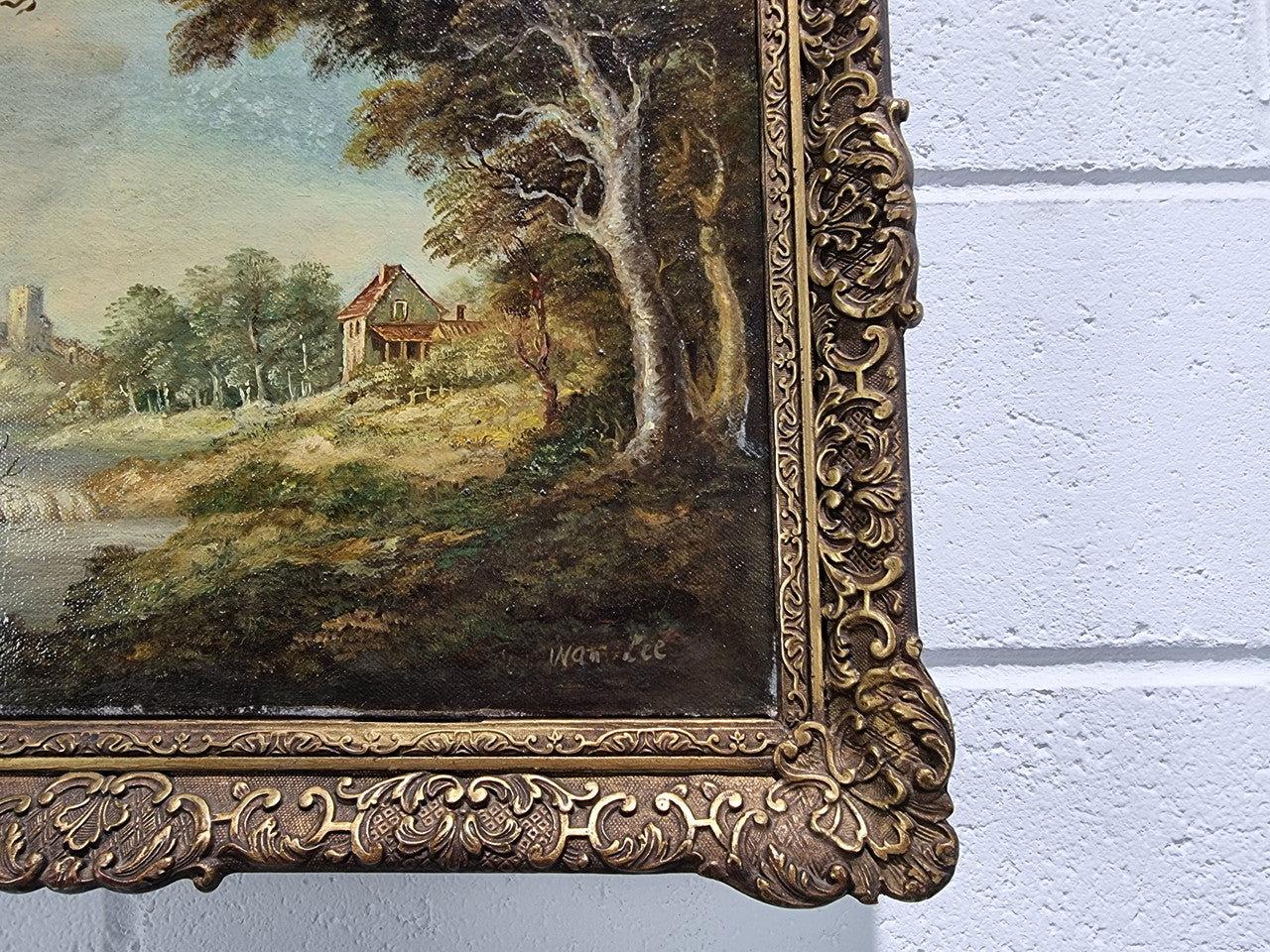 Beautiful antique french signed oil on canvas painting, depicting Castle Landscape. In good realigned original condition.