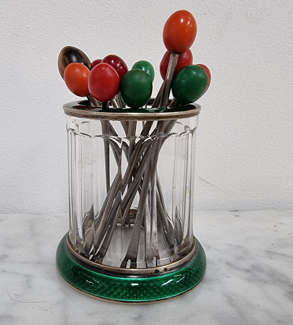 Rare French Silver, enamel and glass forks holder with 12 forks in good original condition, please view photos as they help form part of the description.