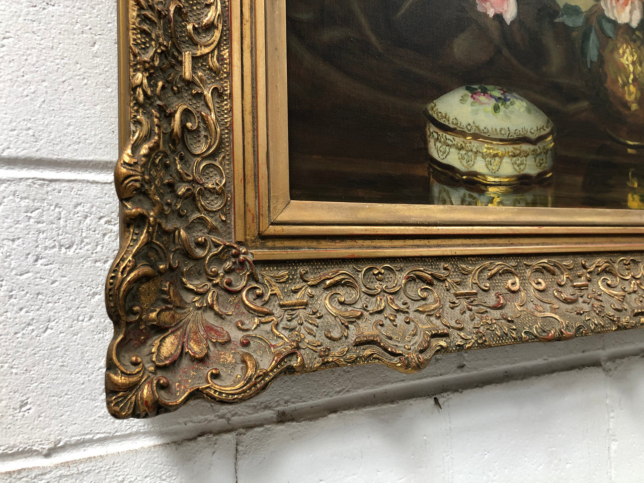 Large French signed oil on canvas of flowers. From circa 1950s and is in good original condition.