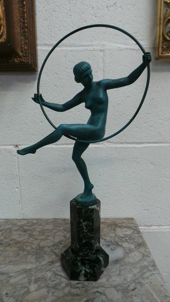 French Art Deco Hoop Lady Statue Signed By Danseuse Au Cerceau