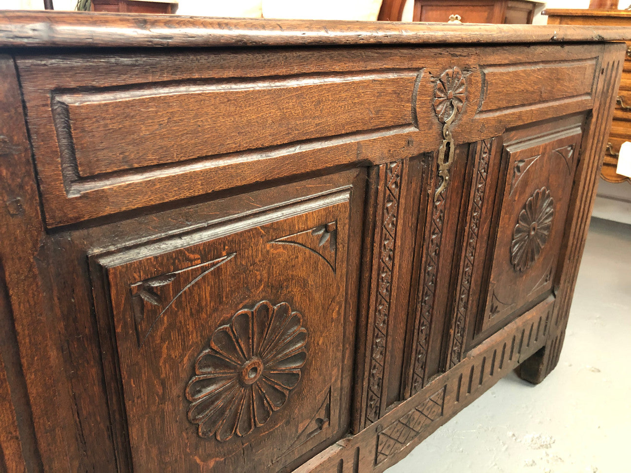 Early 18th century Antique French Oak coffee with beautiful original patina. In good original detailed condition.