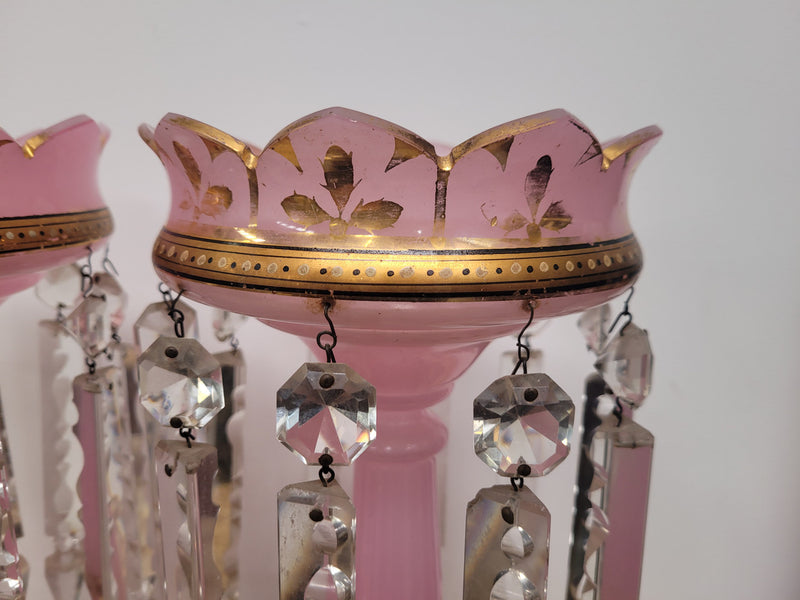 Large Victorian pink glass an gilt trim crystals lusters. It is in good original condition, please view photos as they help form part of the description.