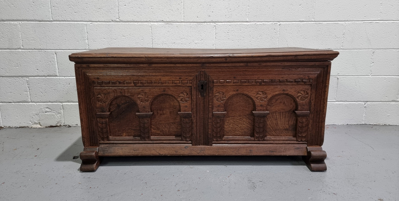 Fabulous carved French oak Antique Coffer / Chest with a lift up lid and loads of beautiful character in good original detailed condition.