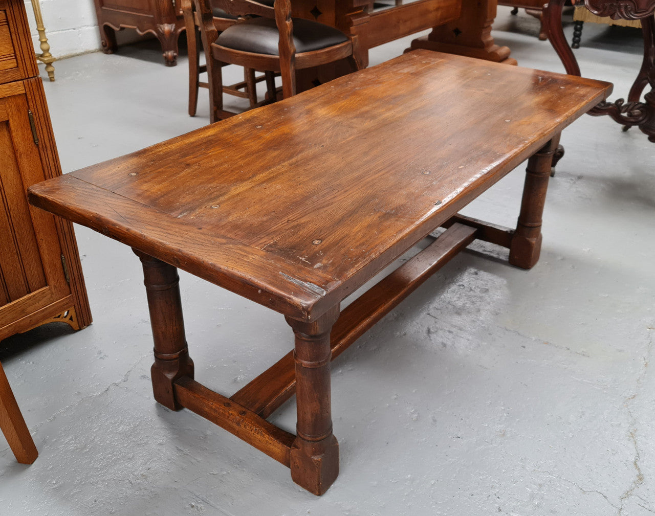 French Oak Refectory style coffee table. Amazing patina and is in good original detailed condition.