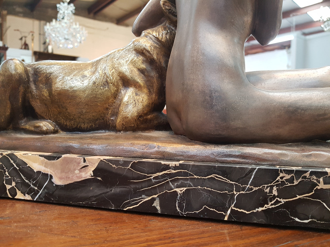 French Art Deco Lady & German Shepherd Bronze
