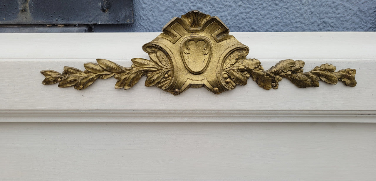 French Louis 16th style chalk painted queen size bed with gilt decorative mounts and includes custom slats. It has been sourced from France and in good original condition.