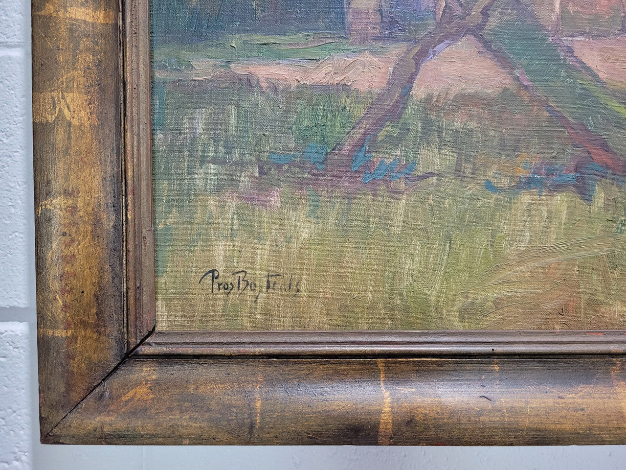 Stunning French oil on canvas signed by Prosper Bosteels (1881-1964). Depicting painting of a house with a flowering cherry tree and in a gilt frame. In good original detailed condition. Sourced from France.