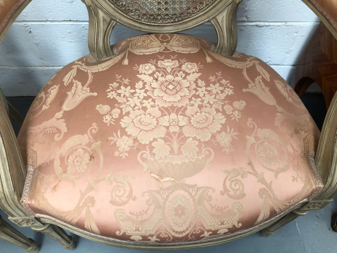 Pair Of French Louis XV Style Cane Back and Upholstered Seat Fauteuils