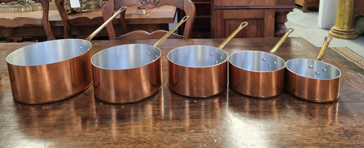 Set of Five French Vintage Copper & Brass Saucepans. They are in amazing original condition.
