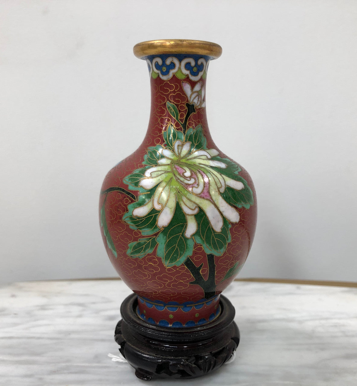 Small Red Cloisonné Vase On Carved Stand