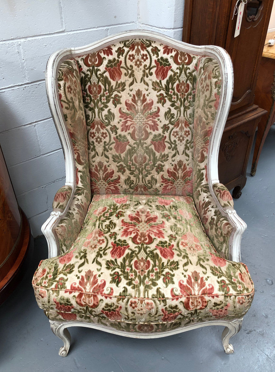 French Painted Upholstered Wing Back Armchair