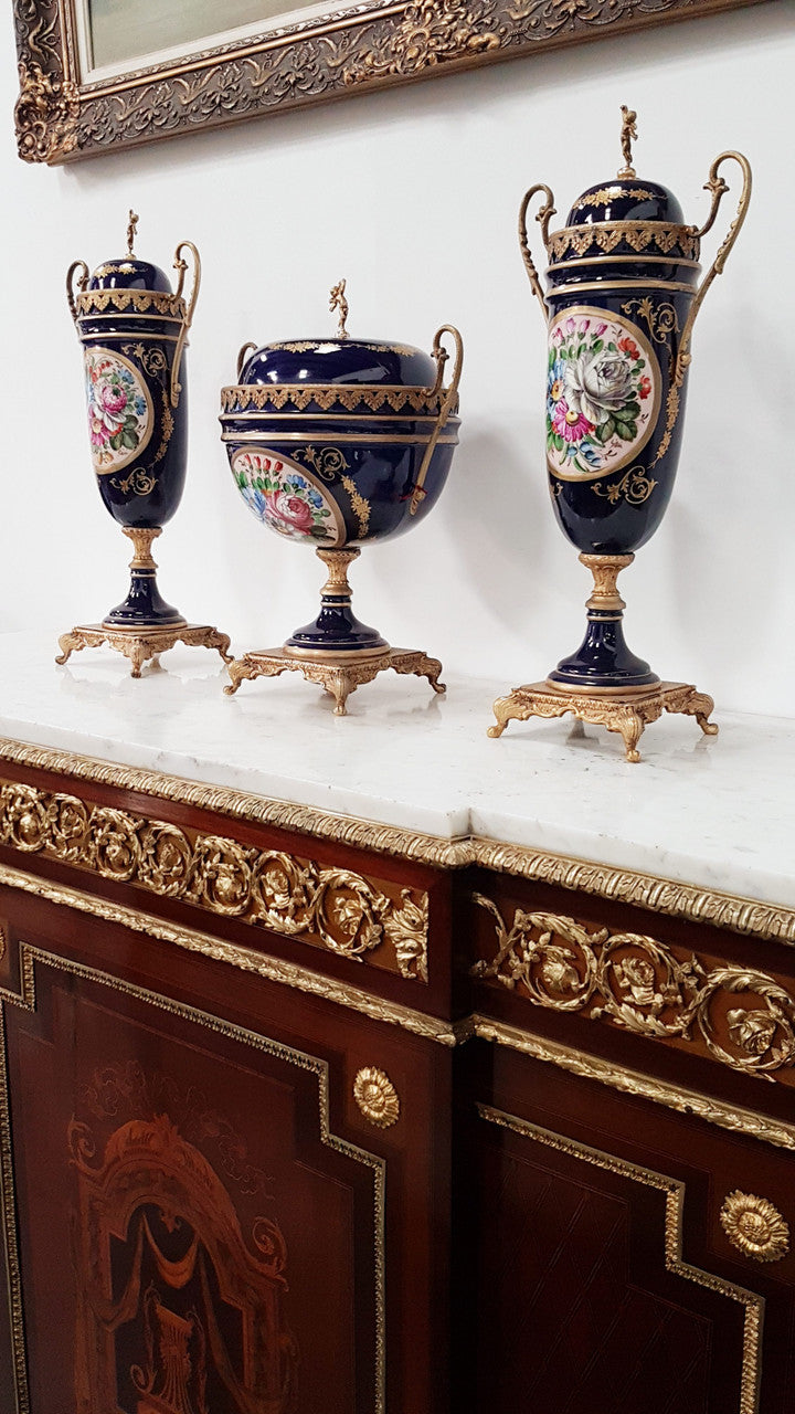 French Three-piece Sevres Style Porcelain Vase