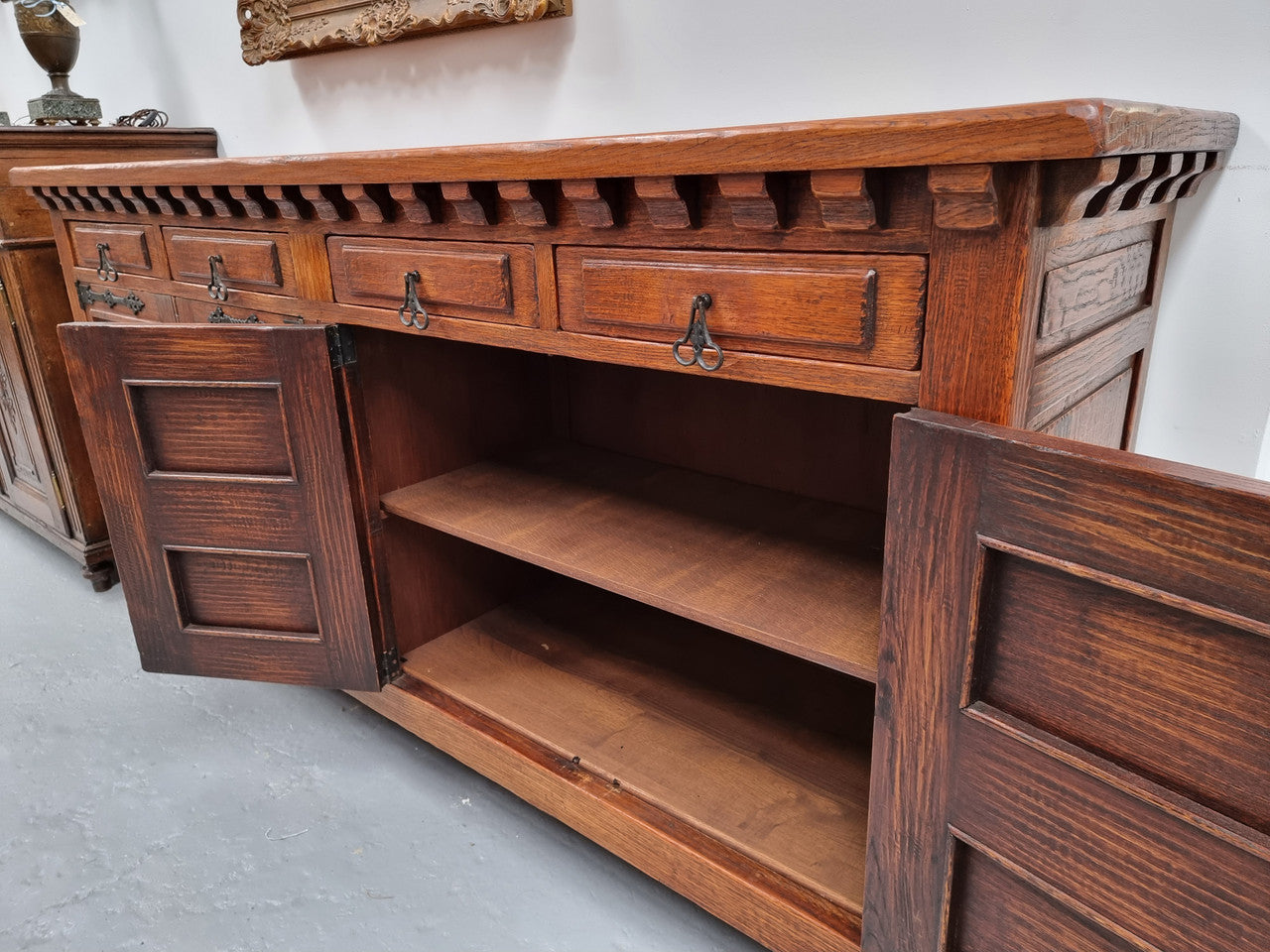 Large French Oak Spanish Style 4 Door Buffet