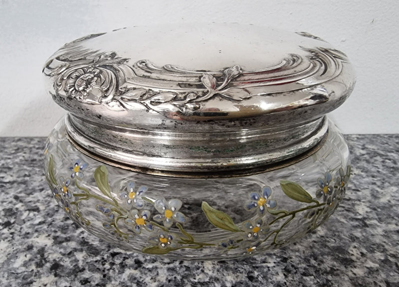 Silver lidded dressing table powder/trinket bowl with beautifully hand-painted floral enamel. In good condition please view photos as they help form part of the description.