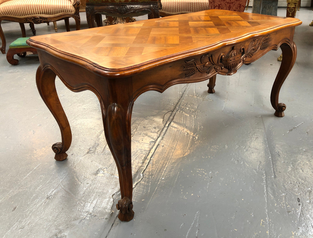 French Walnut parquetry top coffee table. In good original detailed condition. Circa: 1950's