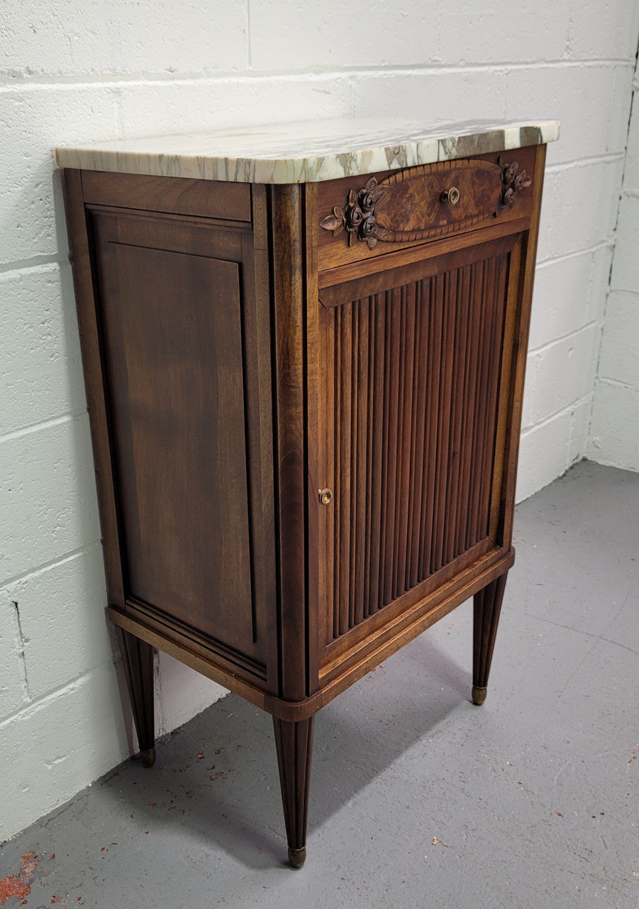 Louis XVI Style Art Deco Walnut Marble Top Side Cabinet
