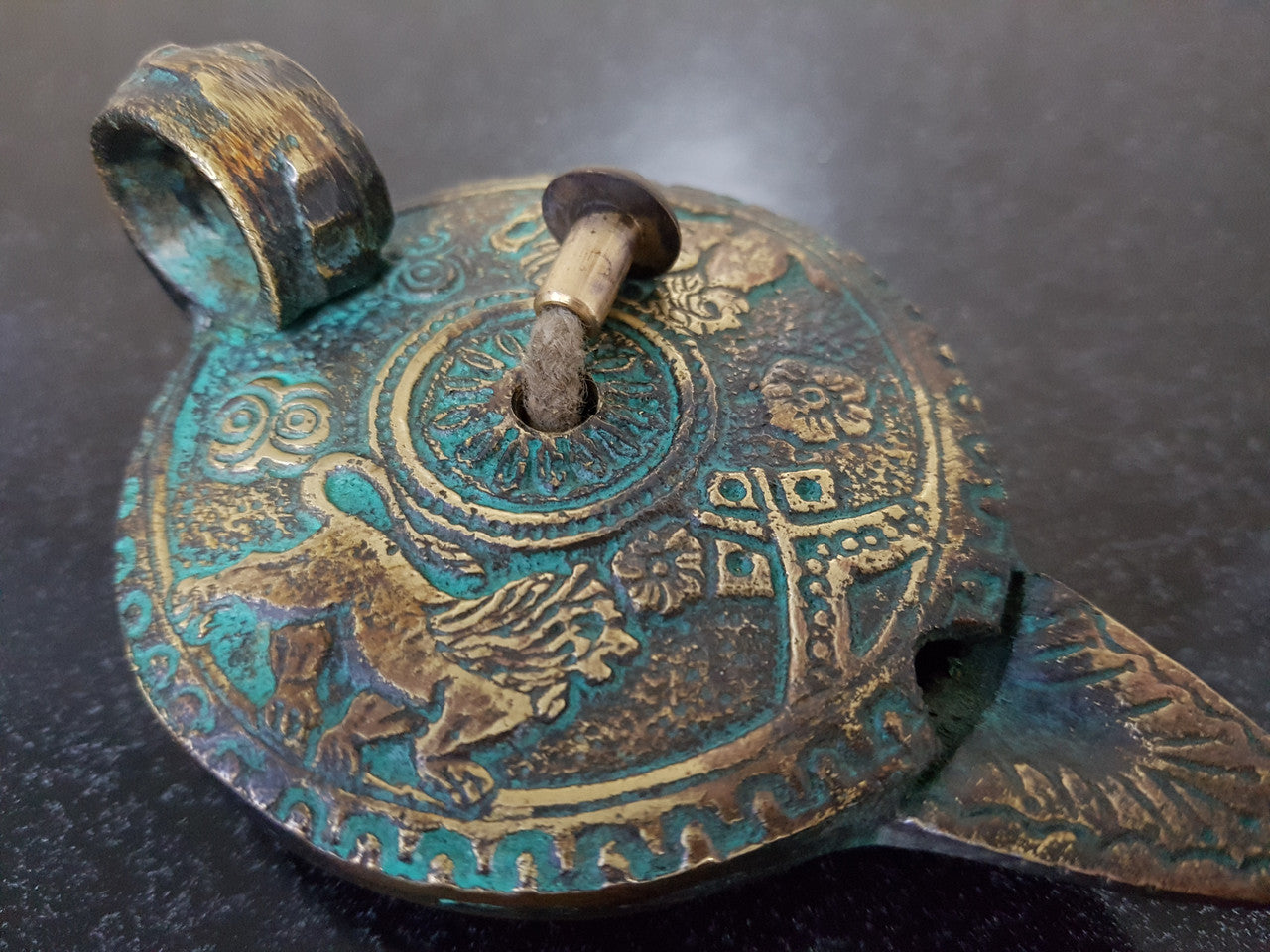 Antique Roman Style Bronze Oil Lamp Traces Of Original Gilding