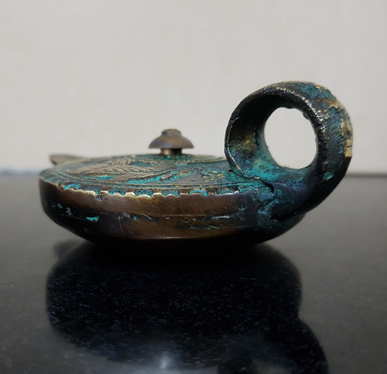 Antique Roman Style Bronze Oil Lamp Traces Of Original Gilding